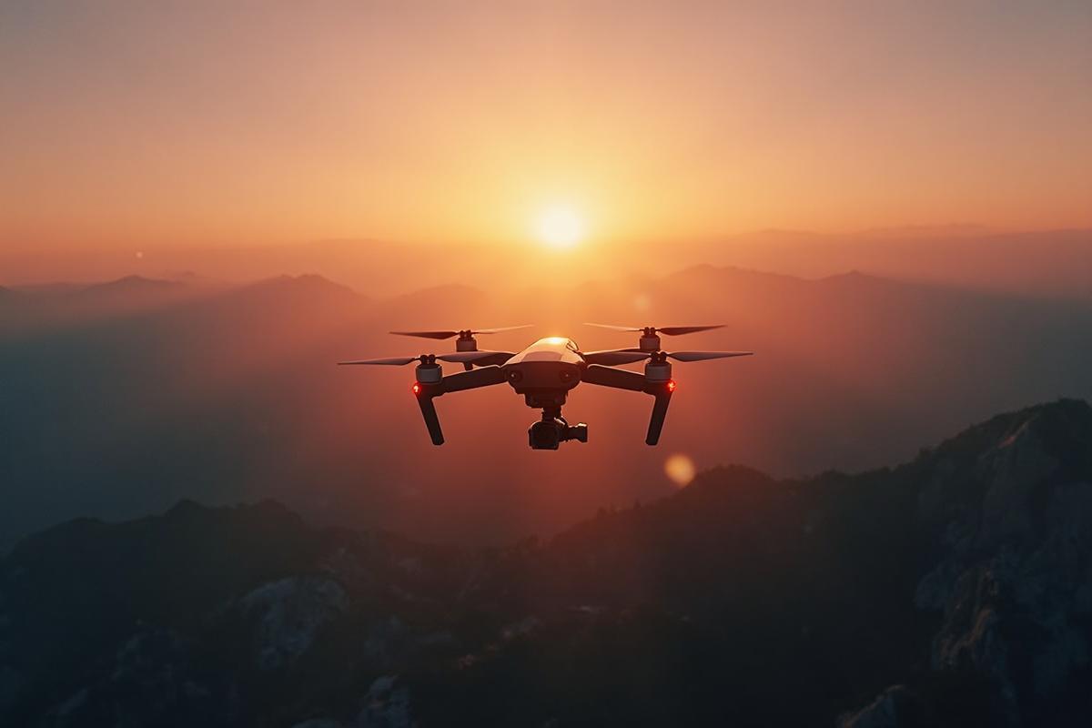 Professional drone filming over dramatic landscape at sunset
