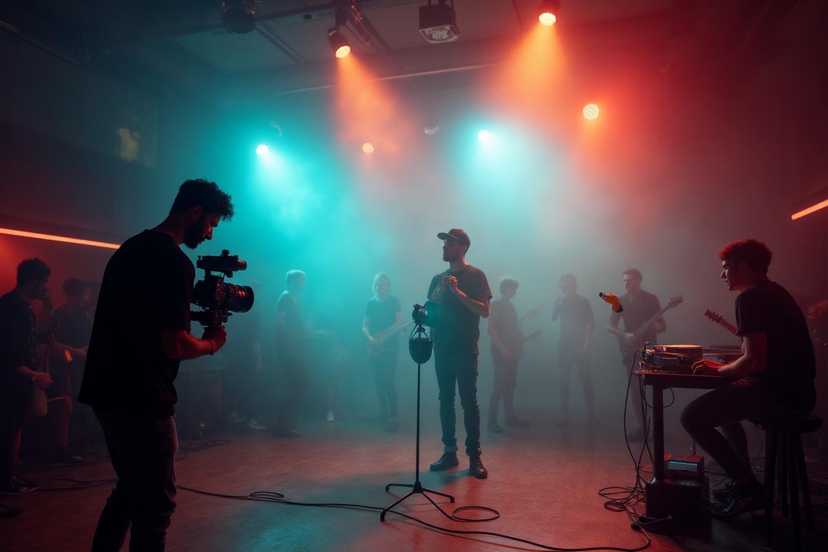 Music video production with artist and dramatic lighting